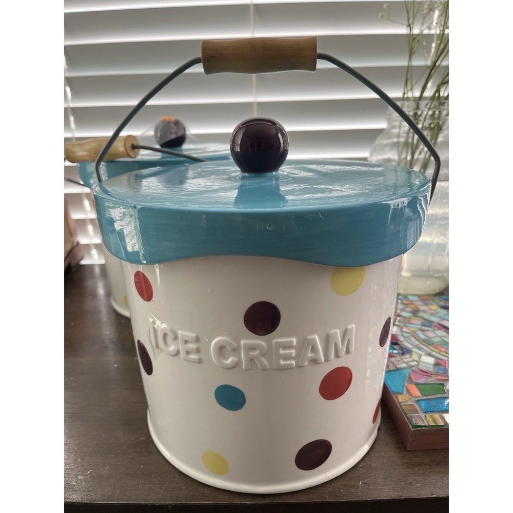 Main Ingredients Ceramic Ice Cream Server Pail Earthenware Polka Dot Cookie Jar